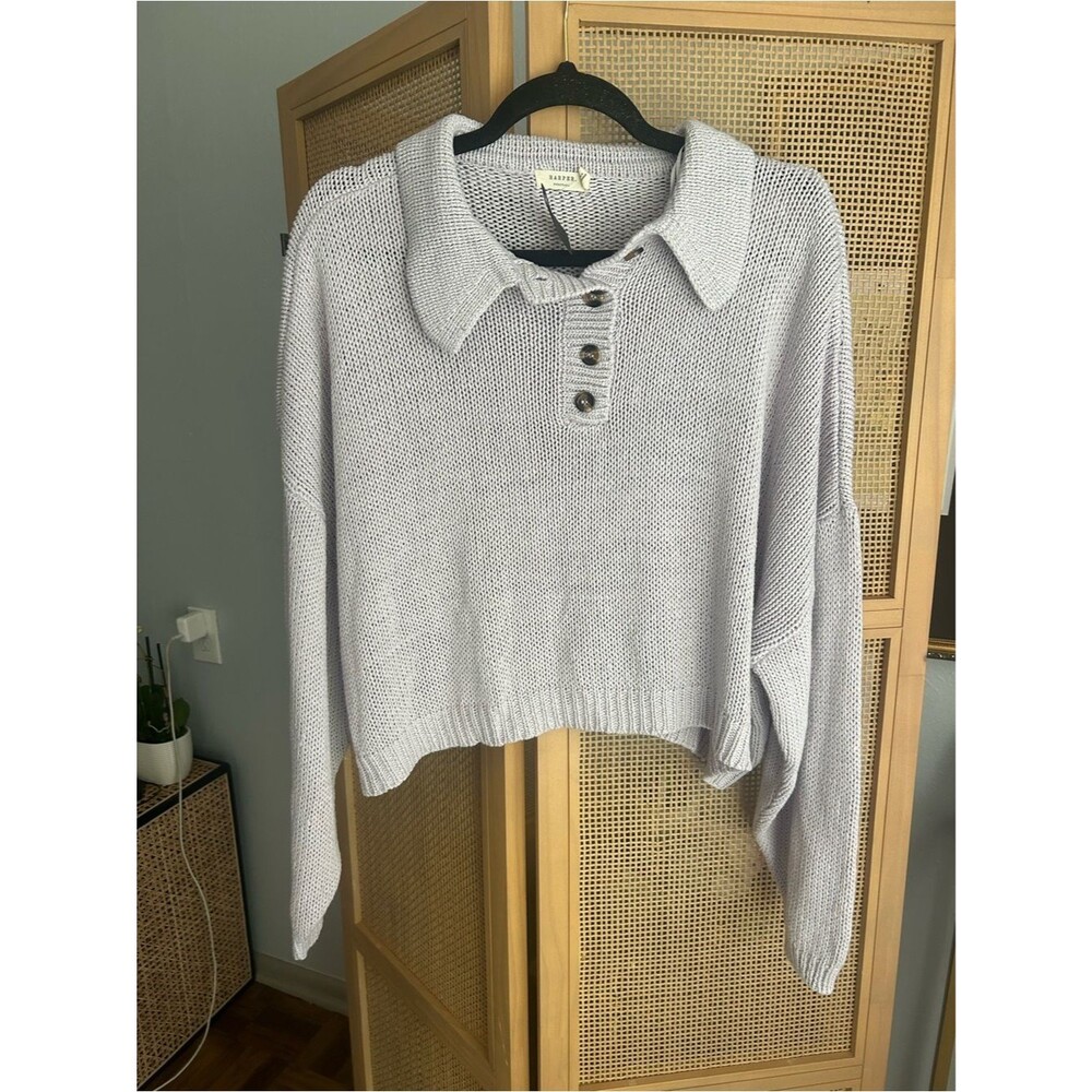 Harper Heritage Lavender Cropped Knit Sweater Collared Oversized XL